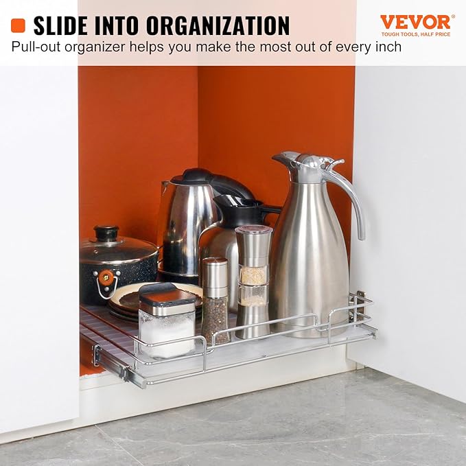 VEVOR 21.5" Wx21 Dx3.5 H Pull Out Cabinet Organizer, Heavy Duty Slide Out Pantry Shelves, Chrome-Plated Steel Roll Out Drawers, Storage for Home, Under Sink, 23" Wx22 Dx7 H Install Size for Cabinet