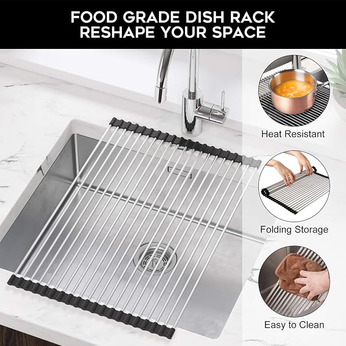 SunCleanse Roll Up Dish Drying Rack, Over The Sink Dish Drying Rack Kitchen Rolling Dish Drainer, Foldable Sink Rack Mat for Kitchen Sink Counter (17.8"x11.8")