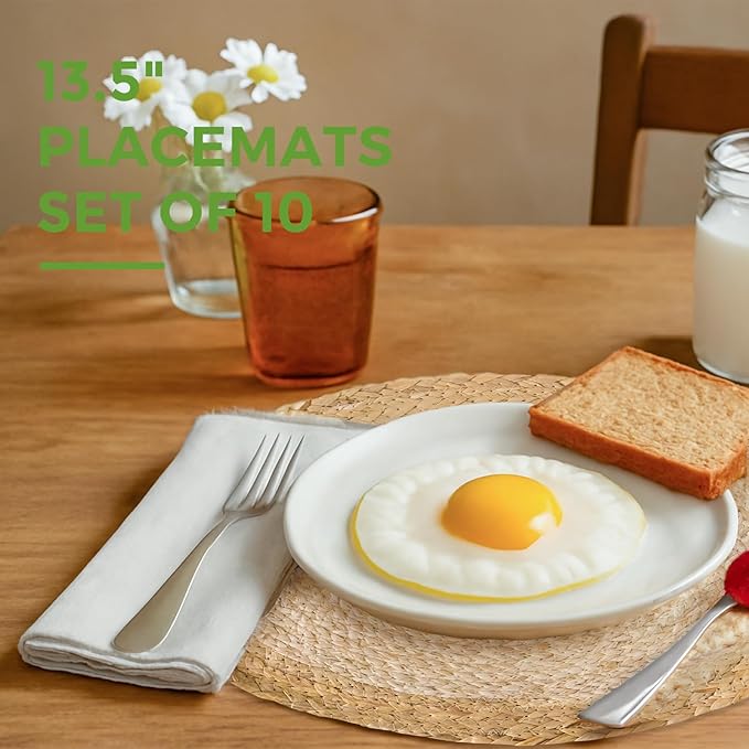 13.5 in Round Woven Place Mats Set of 10, Boho Placemats Rattan Chargers for Dinner Plates, Farmhouse Rustic Placemats Wicker Table Mats Braided Chargers, Natural Beige & Light Brown