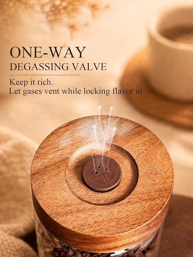Coffee Canister, 14oz Airtight Coffee Bean Container with Wood Lid | True 14oz Capacity for Whole Beans, One-way Valve Glass Jar with Airtight Wood Lid for Coffee, Tea, Sugar, Spices, and Snacks