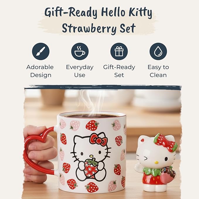 Blue Sky Clayworks Hello Kitty Strawberry 21 Oz Coffe Mug and Figurine Gift, Set of 2, 73454