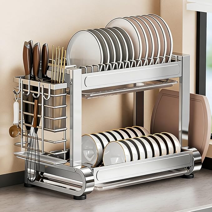 JHDXL Over Sink Dish Drying Rack, 2/3-Tier Stainless Steel Dish Rack, Multifunctional Metal Counter Shelf, Stable Load-Bearing, for Plates, Bowls, and Pots(Silver 1,55.5cm/21.9in)
