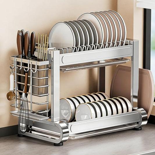 JHDXL Over Sink Dish Drying Rack, 2/3-Tier Stainless Steel Dish Rack, Multifunctional Metal Counter Shelf, Stable Load-Bearing, for Plates, Bowls, and Pots(Silver 1,55.5cm/21.9in)