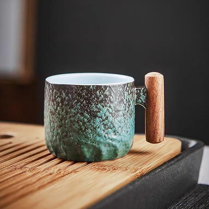 2.5oz Ceramic Espresso Cups with Wooden Handle, Chinese KungFu Tea Cup, Coffee Cups Set of 4 (Green)