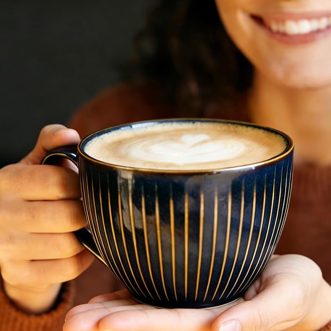 Ceramic Large Coffee Mugs with Handles, 24 oz Coffee Cups, Large Soup Mugs for Hot Chocolate, Cappuccino, Ramen, Oatmeal, Soup Mugs with Handles, Dishwasher and Microwave Safe((Vertical Stripe Blue)