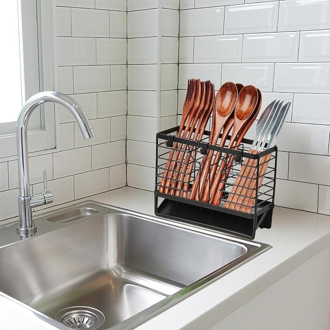 Utensil Holder, Stainless Steel Utensil Drying Rack with 3 Compartments and Automatic Drain Tray for Kitchen Counter, Silverware Cutlery Flatware Holder Forks, Knives, Spoons, Chopsticks Organizer