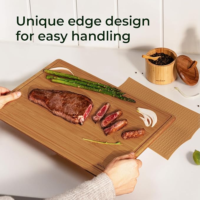 Keechee Bamboo Cutting Board with Non-slip Mat, Cutting Boards for Kitchen Meal Prep & Serving - Wood Serving Board Sets with Deep Juice Groove Ideal Kitchen Gifts