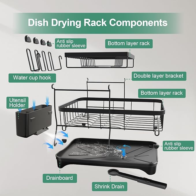 Dish Drying Rack, 2-Tier Large Dish Drying Rack for Kitchen Counter – Space Saving Dish Drainer Organizer with Utensil Holder and Cutlery Tray, Black