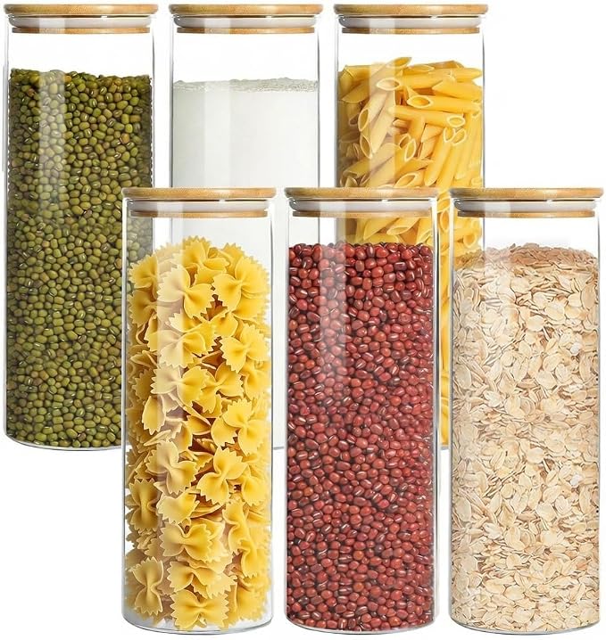 Glass Storage Containers with Airtight Bamboo Lids,Round Glass Jars Pantry Organizers,Perfect for Kitchen Organization - Flour, Rice, Pasta, Sugar, Coffee Beans, Accessories Included (43oz*6)