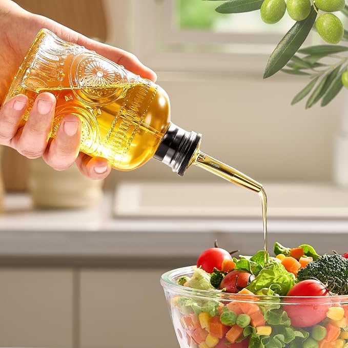 Baalaka Olive Oil Dispenser Bottle for Kitchen with Metal Spout, Glass Oil Bottles 7OZ, Elegant Glass Cooking Dispenser for Kitchen Juice Mouthwash Honey Syrup Coffee Syrup-2pcs