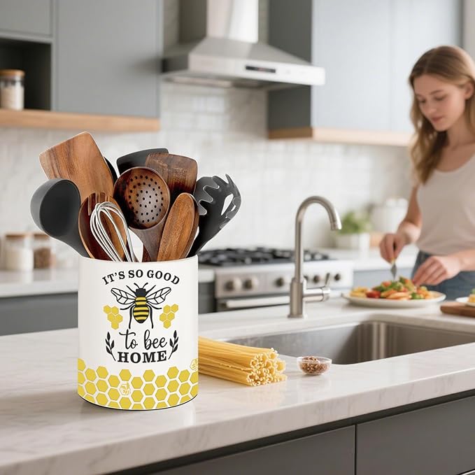 Bee Kitchen Decor, 6.5inch Ceramic Utensil Holder with Bee Design, Rustic-Style Indoor Kitchen Utensil Storage Rack, Ideal for Spoon Storage and Cooking Tools, Gift for Kitchen Organizers