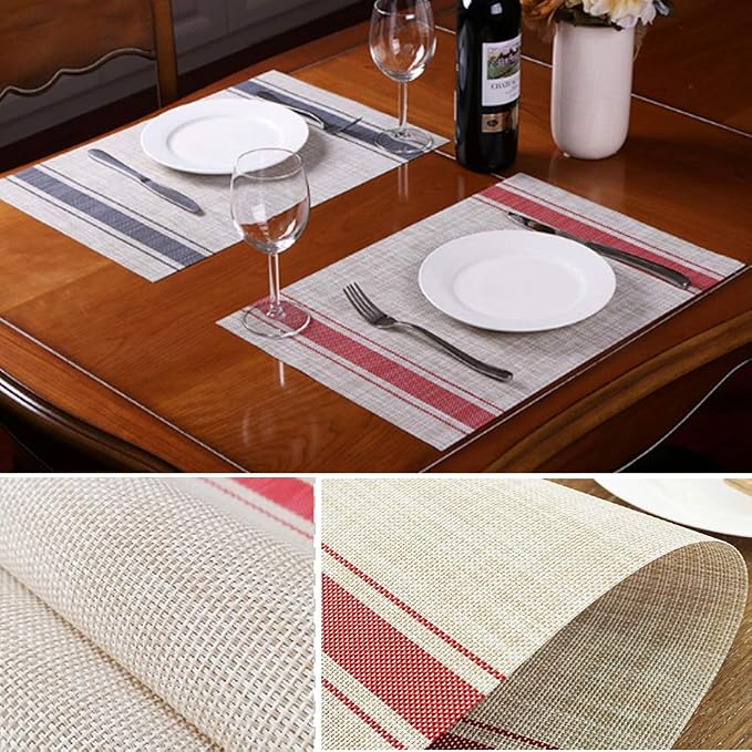 Table Mats Set of 6 Crossweave Woven Vinyl Placemats Heat Resistant Non-Slip Kitchen Placemats for Dining Table Washable Easy to Clean(Red)