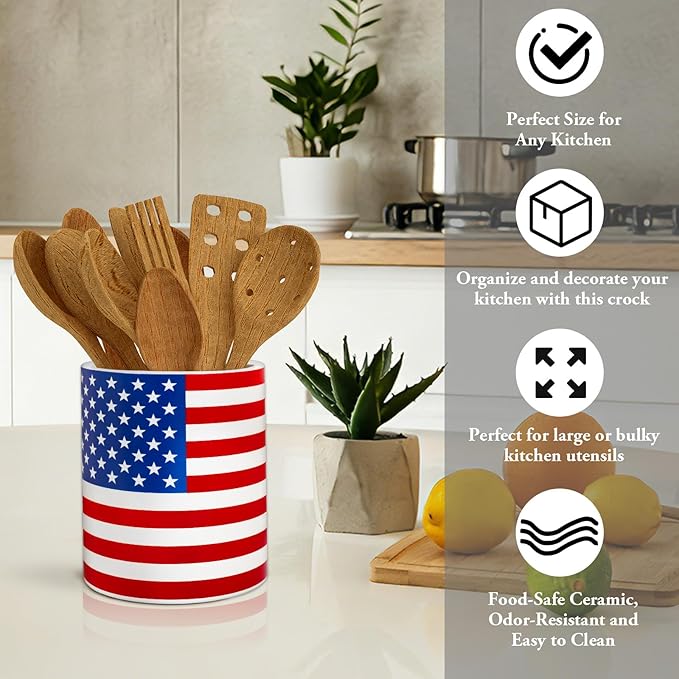 Whaline Patriotic Ceramic Utensil Holder 4th of July American Flag Utensil Crock for Independence Day 250th Anniversary Home Kitchen Countertop Storage Organizer Container
