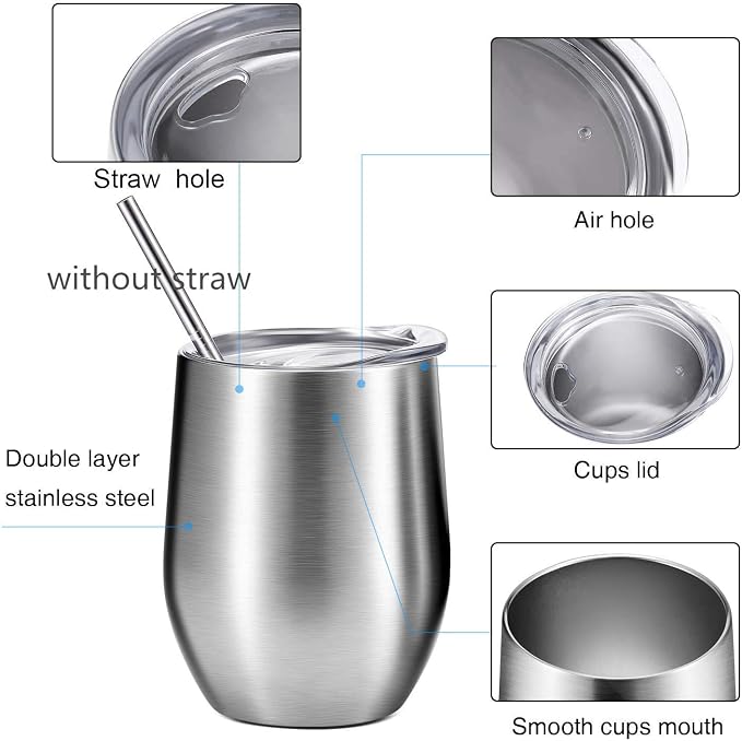 12 oz Stainless Steel Wine Tumbler Stemless Glasses with Lid, Double Wall Insulated Travel Mug Perfect for Wine, Coffee, Drinks, Champagne, Cocktails, Colorful (silver4pcs)