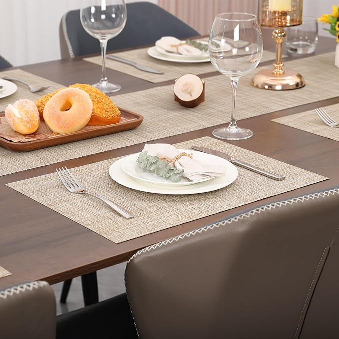Myir JUN Placemats Set of 4, Vinyl Woven Placemats Place Mats Indoor Set of 4 Washable Table Mats Non-Slip Place mats for Dining Table (Beige, Set of 4)