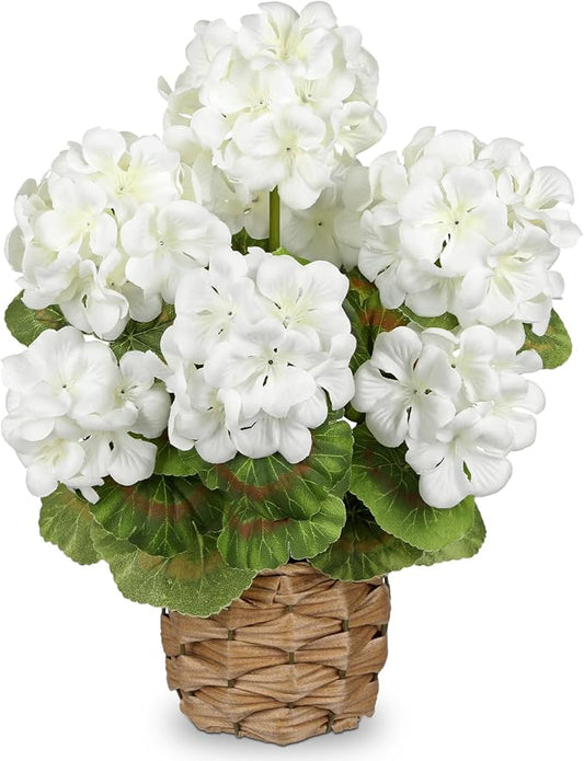 Briful Artificial Geraniums Flowers Potted Plant - 13.7'' Tall Faux White Silk Realistic Lush Geraniums Flowers in Basket, Indoor&Outdoor Decorative Plant, Farmhouse Home Porch Office Patio Table