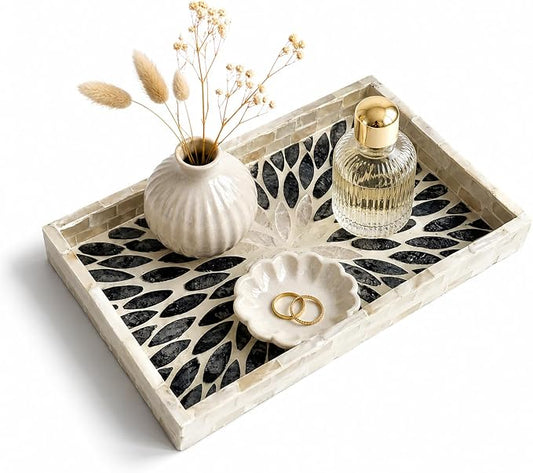 Mother of Pearl Inlay Wooden Tray – Handmade Decorative Rectangle Serving Tray for Coffee Table, Kitchen, Bathroom, Vanity or Living Room Decor, Black Leaves