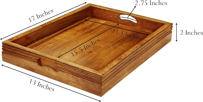 Croft&Cane Solid Wood Serving Tray - 17 x 13 Inch Rectangular Decorative Ottoman Tray - Hand-Carved Ribbed Design - Natural Wood Food Tray with Handles for Coffee Table, Kitchen, Breakfast, Décor