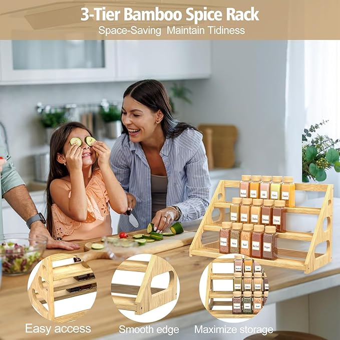Spice Rack - Tiered Spice Rack Organization for Cabinet - 3 Tier Bamboo Display Spice Shelf for Countertop