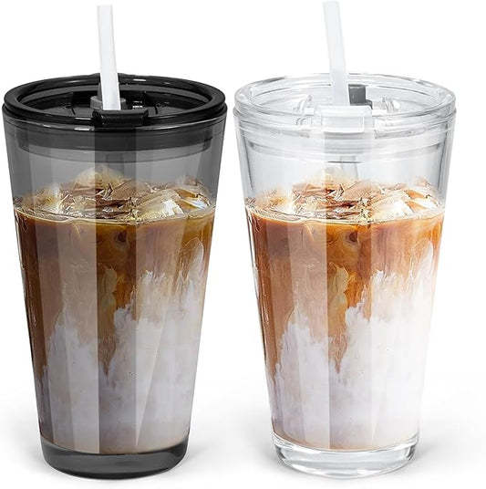 15oz Glass Iced Coffee Cup Set of 2 with Lid and Straw, Thick Leak Proof Drinking Glasses Tumbler for Gift, Cold Drink, Smoothie, Boba Tea (Gray & Clear)