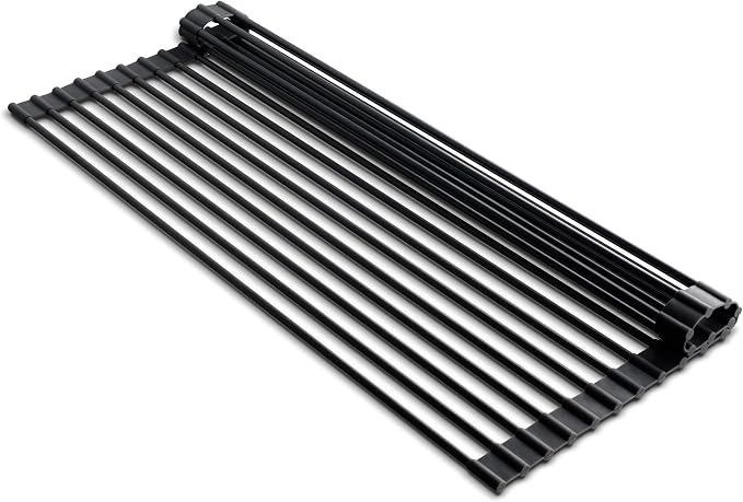 edge Roll Up Dish Drainer, Over The Sink Multi-Purpose Foldable Drying Rack, Silicone Coated Black, Medium- 17" x 13.1"