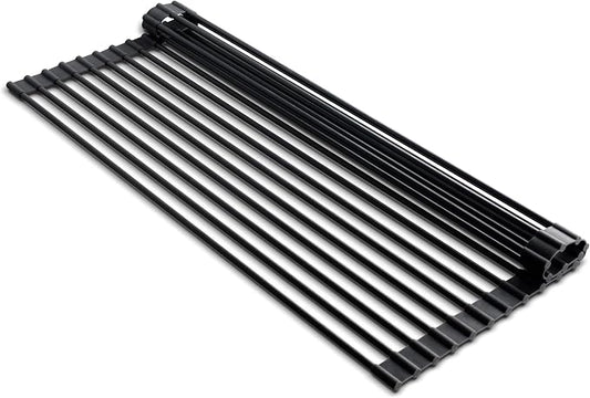 edge Roll Up Dish Drainer, Over The Sink Multi-Purpose Foldable Drying Rack, Silicone Coated Black, Medium- 17" x 13.1"