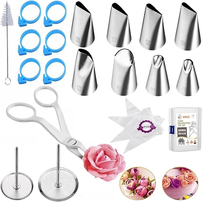 23Pcs Cake Decorating Tools Set, Stainless Steel Rose & Petal Icing Piping Tips with Flower Nails, Flower Lifters, Brush, Piping Bags and Pastry Bag Ties for Cake Cupcake Fondant Cookie Baking