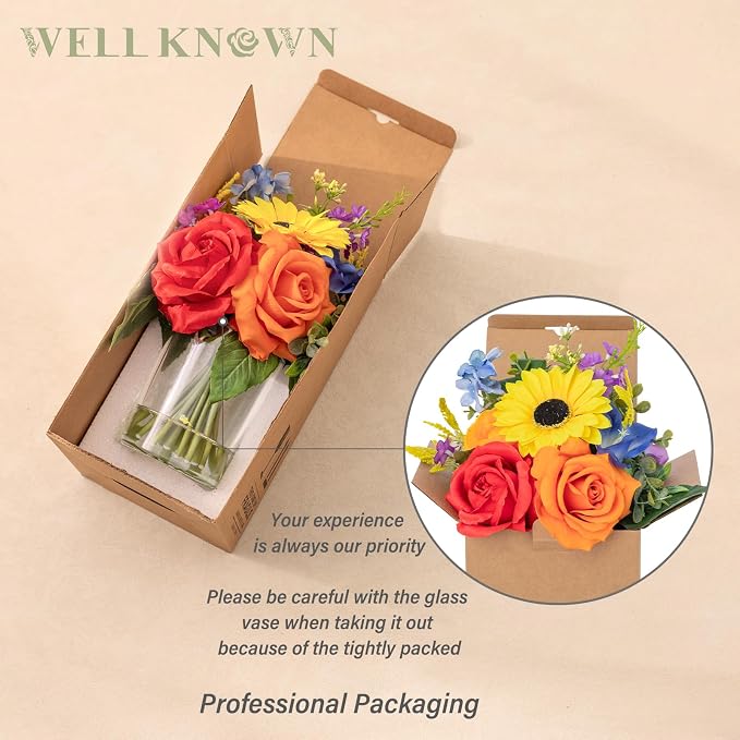 WELL KNOWN Artificial Flowers in Vase with Fake Water, Colorful Spring Flowers Fake Sunflowers Rose Peonies Bouquet for Home Wedding Party Dining Table Baby Shower Decor & Birthday Gift (Rainbow)