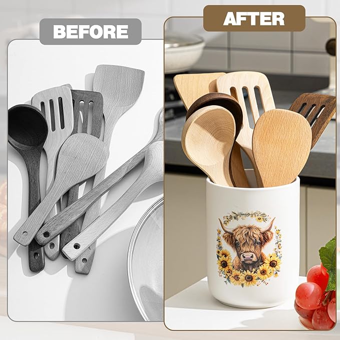 Sawysine Highland Cow Ceramic Utensil Holder Kitchen Crock Storage Accessories Decoration for Home Farmhouse Kitchen Countertop Storage Organizer Container Gifts
