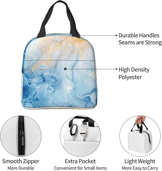 Lunch Bag Blue Marble Pastel Insulated Lunch Box Cooler Tote for Adults Student Boys Girls Women Men Work Office School Picnic Beach Reusable Lunchbox