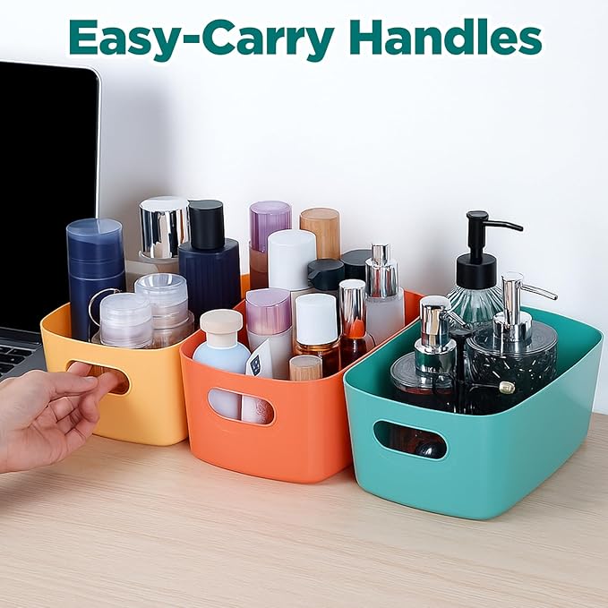 6 PCS Plastic Storage Bins – Multi-Purpose Organizer Bins with Handles for Kitchen, Bathroom, Pantry & Home Organization (White, Apricot, Dark Blue, Yellow, Light Green, Orange)