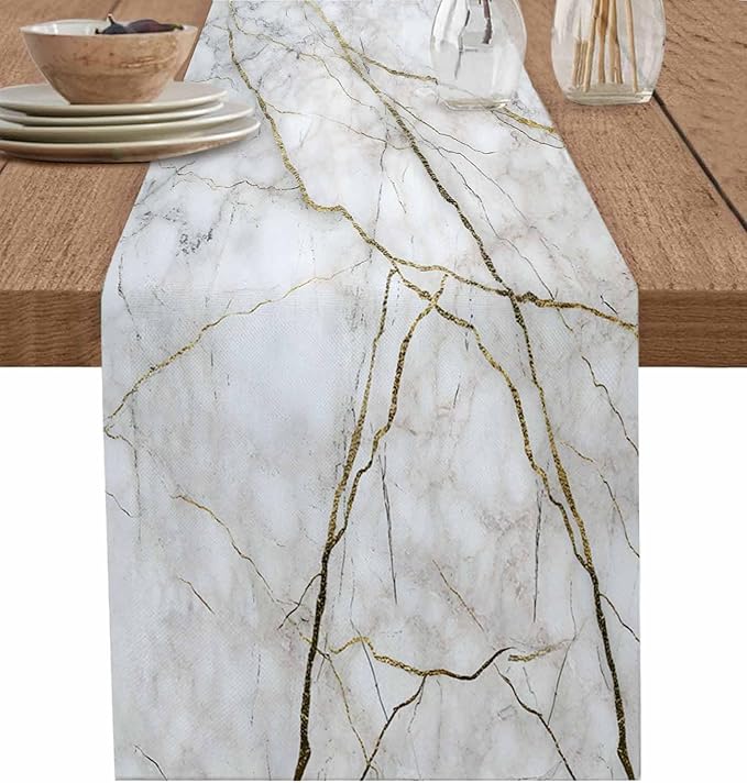 Marble Table Runner-Cotton Linen-Long 120 inche White Gray Gold Dresser Scarves,Texture Tablerunner for Kitchen Coffee/Dining/Sofa/End Table Bedroom Home Living Room,Scarfs Decor for Holiday Dinner