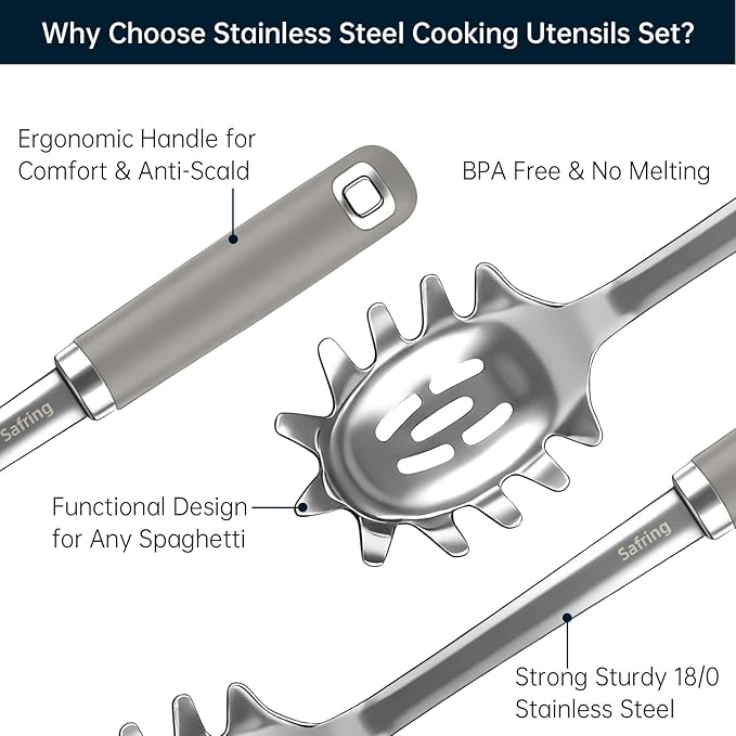 Safring Stainless Steel Soup Ladle and Spaghetti Spoon Set, Heat Resistant Rubber Handle, Dishwasher Safe, Kitchen Utensils for Cooking, Stirring, Serving Pasta, Soup & Sauce (Gray)