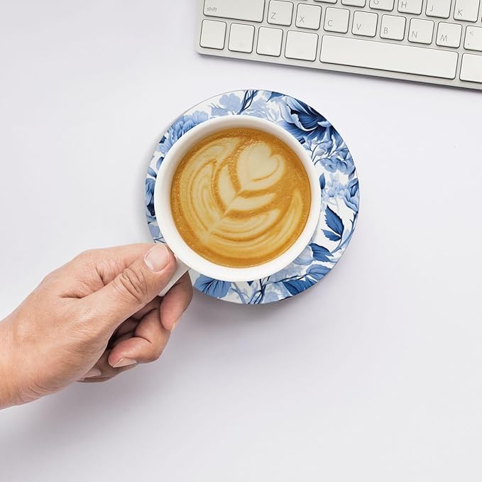 Coaster for Drinks Set of 6, Blue Vintage Spanish Ceramic Floral Absorbent Round Ceramic Stone Mat, with Cork Base and Metal Holder, Gift for Housewarming Room Bar Decor (Vintage Blue Floral-8)