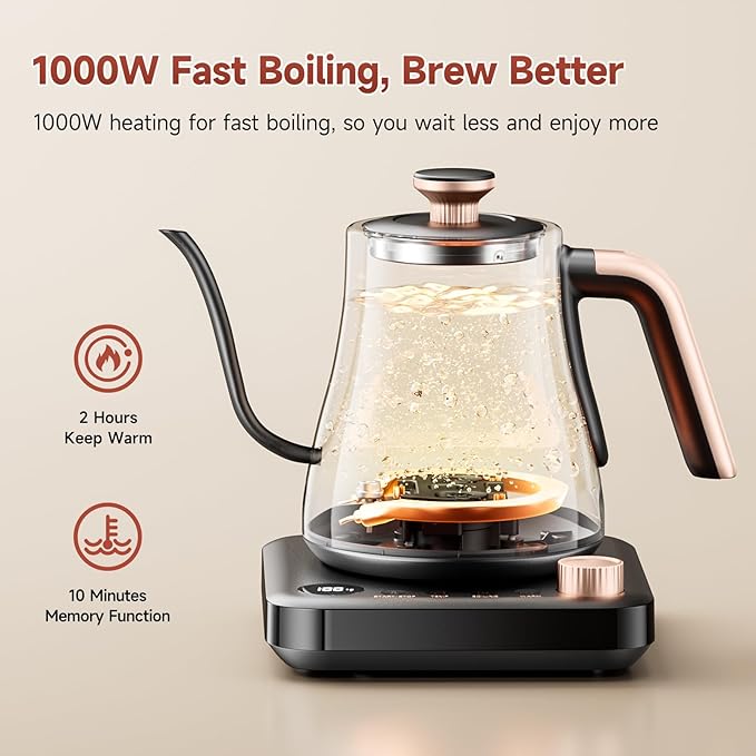 OLEGA Gooseneck Electric Kettle: 1000W Electric Kettles with Temperature Control 0.8L Stainless Steel Electric Tea Kettle Gooseneck Kettle for Coffee Tea Keep Warm (Black)