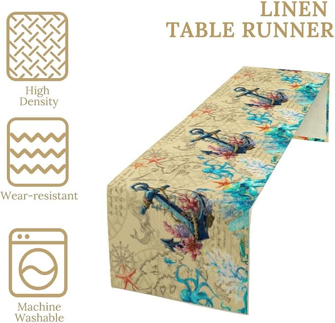 Nautical Anchor Table Runner, Vintage Old Treasure Map Watercolour Coral Plant Starfish Octopus Ship Anchor Table Decor Table Top Dining Kitchen Wedding Party 13x36 Inch