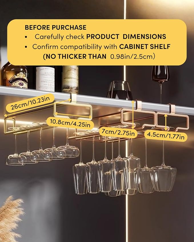 LINFIDITE 2 Pack Under Cabinet Wine Glass Rack Rose Gold Wine Glass Holder Stemware Rack Hanger Kitchen Hanging Storage Rack Organizer (For Partition Thickness under 0.98")