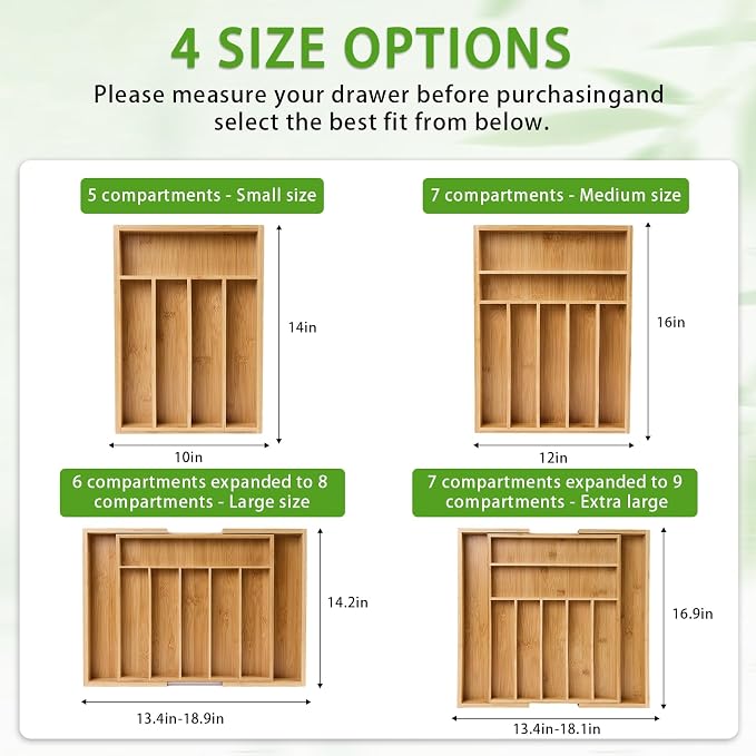 Bamboo Expandable Silverware Drawer Organizer, Adjustable Utensil Tray Cutlery Holder for Kitchen Drawer, Flatware Storage Organizer for Spoons, Forks and Knives, Natural (7 Slot,)