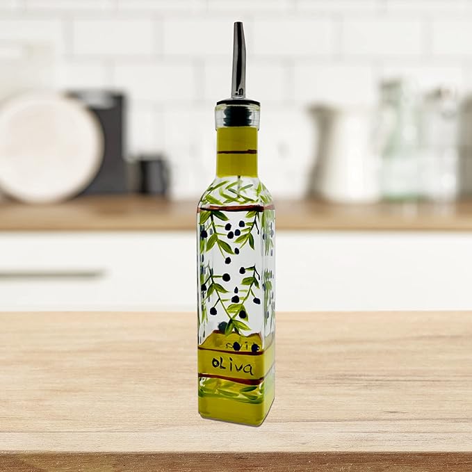 Hand Painted Glass Oliva Branch Oil/Vinegar Glass Cruet for Kitchen, 8 oz Olive Oil Dispenser With Stainless Steel Spout for Easy Pouring