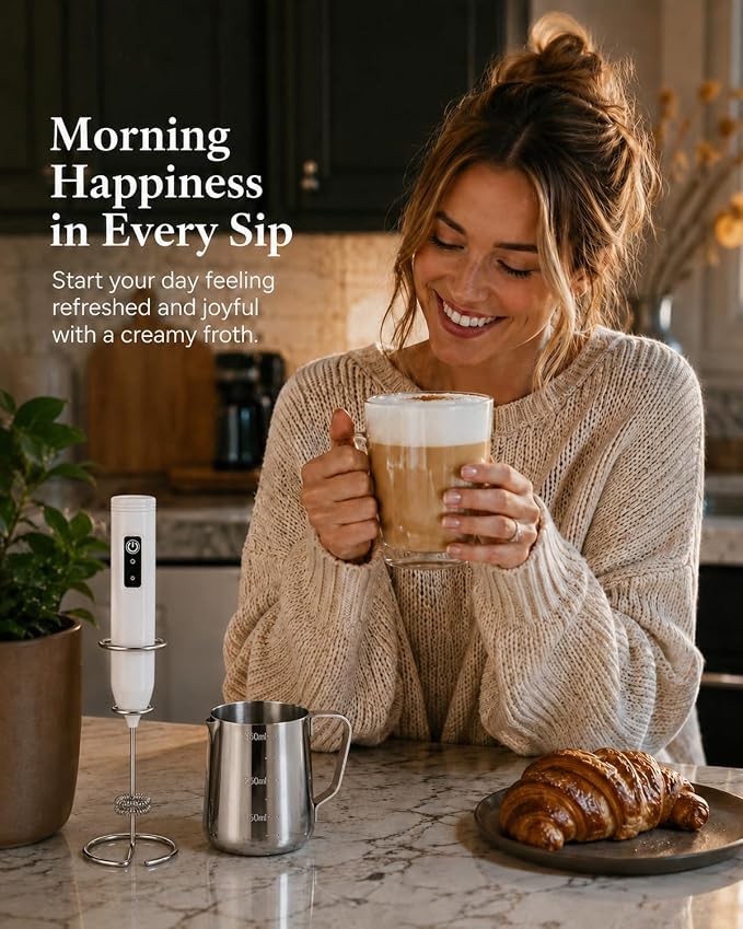 Electric Coffee Frother Handheld, USB Rechargeable Coffee Mixer Wand with Stand and 350ml Milk Frother Cup, Whisk Set for Latte Art, Cappuccino, Espresso