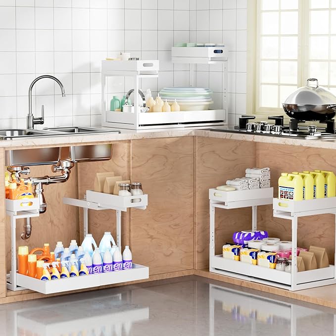 Upgrade 1 Pack Expandable Under Sink Organizers and Storage, 2 Tier Metal Pull Out Cabinet Organizer with 3 Slide Rails, Adjustable Height Slide Out Under Sink Drawers for Kitchen Bathroom Pantry