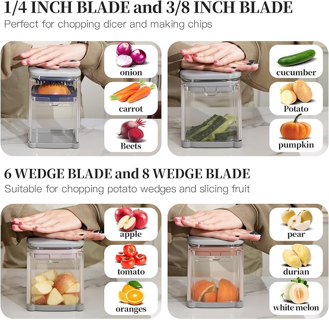 4-In-1 French Fry Cutter for Potatoes, Apple Slicer, Chopper Vegetable Cutter - Dicer Chopper for Carrots, Cucumbers, Onion, Tomato (Gray 4-in-1 French Fry Cutter)