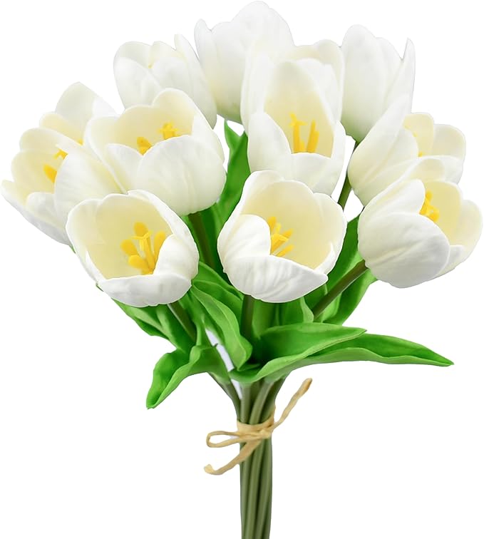 Mandy's White Partially Open Artificial Tulips Flowers Centerpiece, 13.5" Lifelike PU Fake Floral Stems 12pcs for Kitchen Island & Dining Table, Spring Decor for Easter