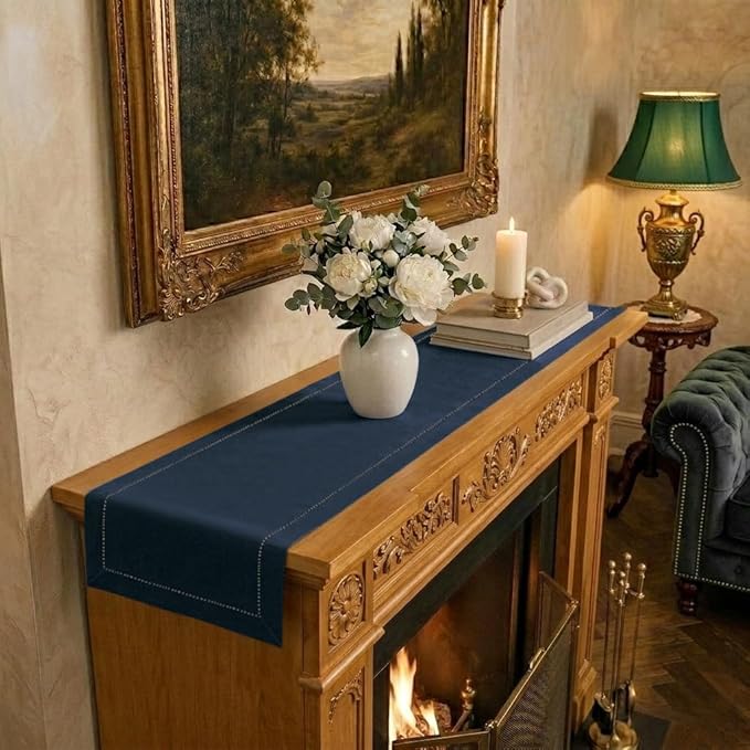 Signature Linen™ by D'Moksha Navy Blue Table Runner 60 Inches, 100% Pure Linen, Hemstitch, Coffee Table Runner, 14 x 60 Inch for Dresser Tables- Summer, Father's & Independence Day