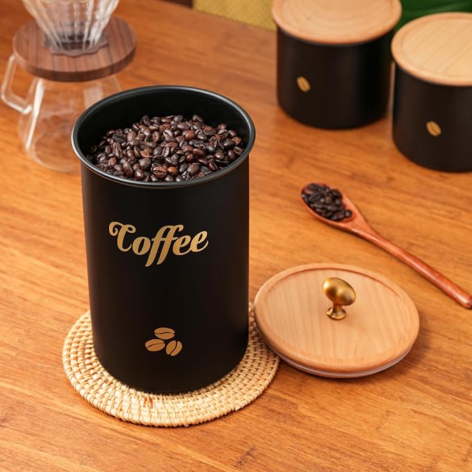 Coffee Canister, 3 pack Large Airtight Coffee Bean Storage Container, Café Grounds Container, Cafe Jar Cafe Holder, Food Storage Container for Flour, Sugar, Tea (Black)