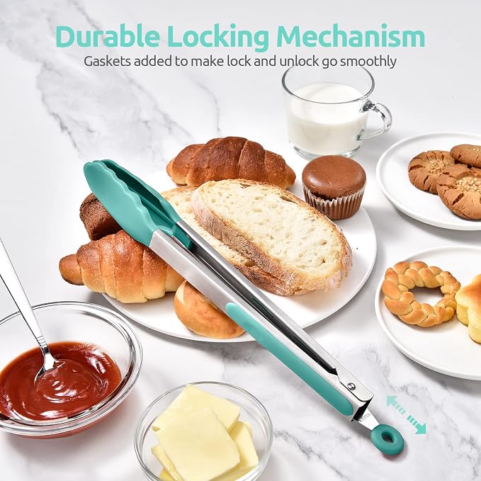 600ºF Heat Resistant Kitchen Tongs: U-Taste 12 in Large Silicone Cooking Tong with Sturdy Non Stick Rubber Tips & Silicon Coated 18/8 Stainless Steel Handle & Smooth Locking for Serving Grill-Aqua Sky