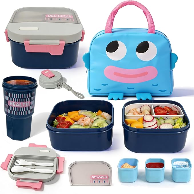 Adult Lunch Bento Box with Insulated Lunch Bag, 50oz Lunch Container with 3 Sauce Containers/20oz Bottle/Utensils, Lunchbox for Women Men, Leak-Proof/BPA-Free/Microwave/Dishwasher Safe(Blue)