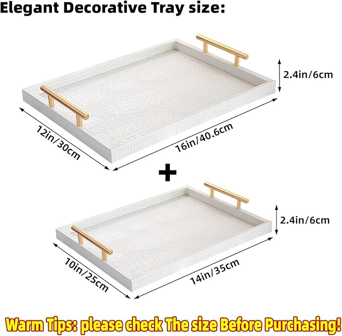 Modern Elegant Large Wood Serving Tray, Set of 2 Pearl White Crocodile Leather with Gold Polished Metal Handles, Home Decorative Rectangle Ottoman Platter Living Room Bathroom Vanity Tray