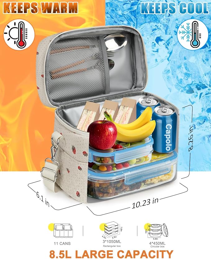 Capolo Lunch Box for Women Men Adults,Insulated Lunch Bag Leakproof Lunch Cooler Box with Removable Strap Cute Lunch Tote Bags Reusable Thermal Lunchbox for Work Picnic(Small,Strawberry)