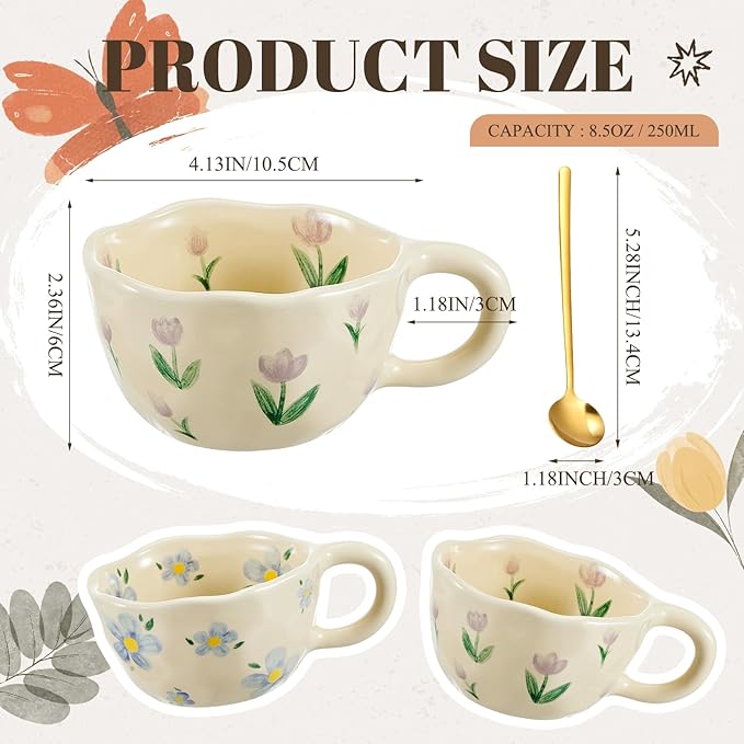 Vesici 2 Pcs Ceramic Coffee Mugs with Spoon, Vintage Floral Spring Mugs with Handle, 8.5 oz Aesthetic Flower Porcelain Tea Cup Set, Dishwasher & Microwave Safe Mothers Day Gifts for Mom(Vibrant)